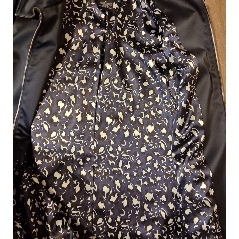 Dennis Basso Jacket Womens Medium Navy Blue Satin Zip Front Leopard Lined 3/4 Sl - Picture 9 of 13